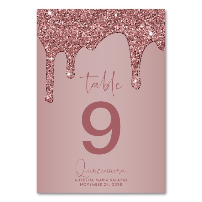 Luxus Rose Gold Glitzer Tropfen Quinceanera Tischnummer (Vorderseite)