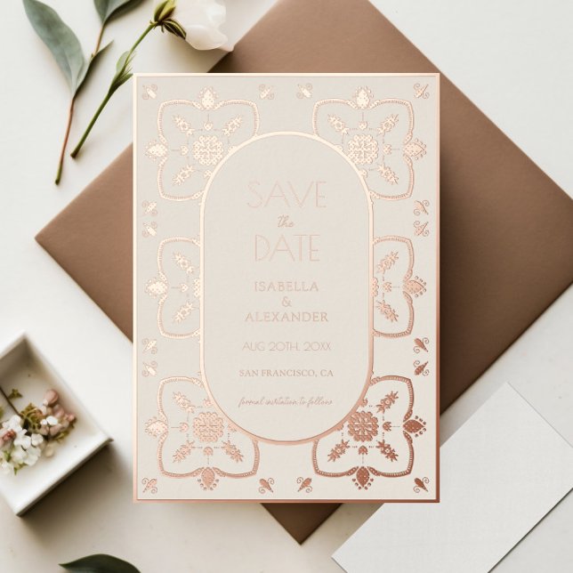 Luxus Rose Gold Mittelmeer Tile Save the Date Folieneinladung (Von Creator hochgeladen)