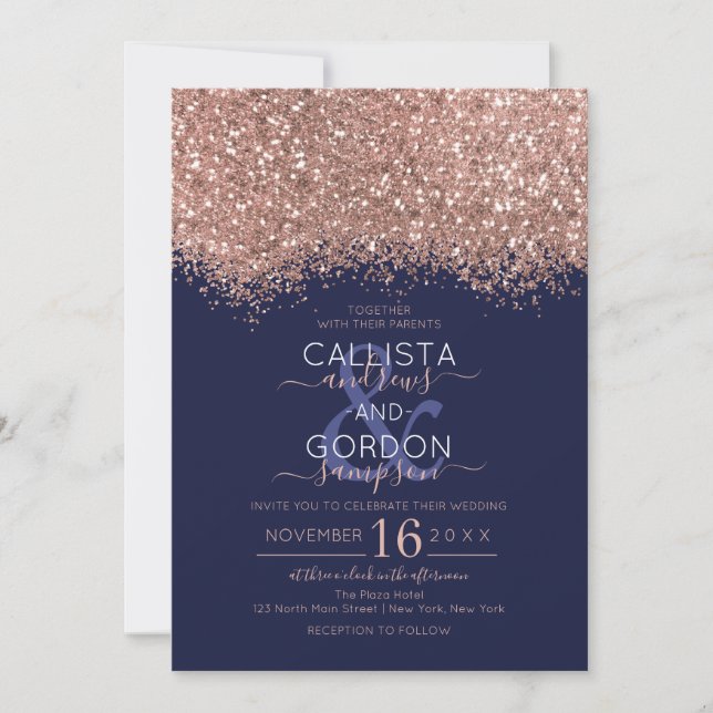 Luxus Rose Gold Navy Glitzer Confetti Wedding Einladung (Vorderseite)