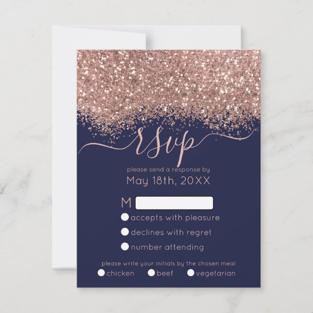 Luxus Rose Gold Navy Glitzer Confetti Wedding RSVP Karte (Vorderseite)