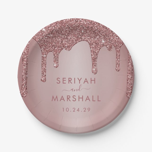 Luxus Rose Gold Sparkle Glitzer Tropfen Hochzeit Pappteller (Vorderseite)