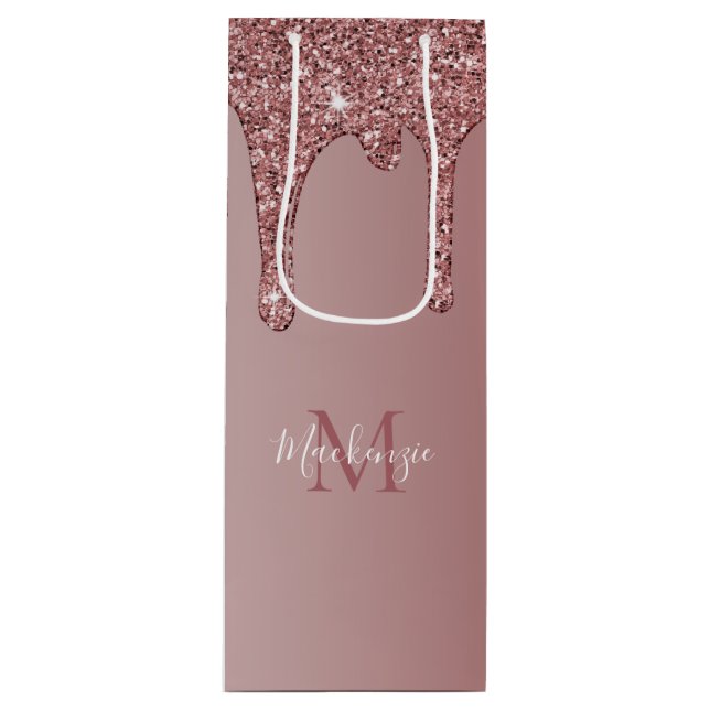 Luxus Rose Gold Sparkle Glitzer Tropfen Monogramm Geschenktüte Für Weinflaschen (Vorderseite)