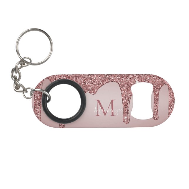 Luxus Rose Gold Sparkle Glitzer Tropfen Monogramm Mini Flaschenöffner (Vorderseite (Horizontal))
