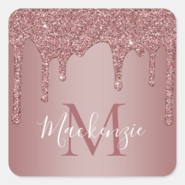 Luxus Rose Gold Sparkle Glitzer Tropfen Monogramm Quadratischer Aufkleber