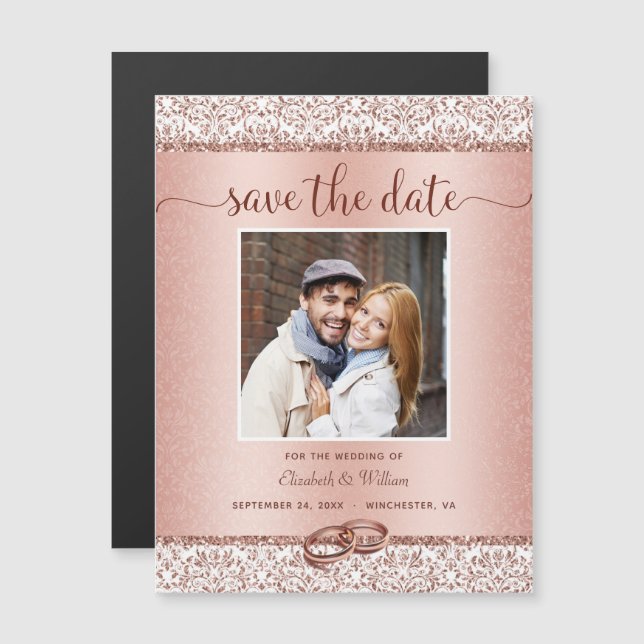 Luxus Rose Gold Wedding Foto Save the Date Magneteinladung (Vorne/Hinten)