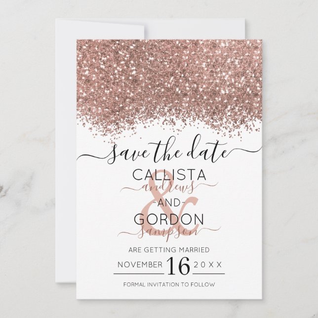 Luxus Rose Gold Weißer Glitzer Confetti Wedding Save The Date (Vorderseite)