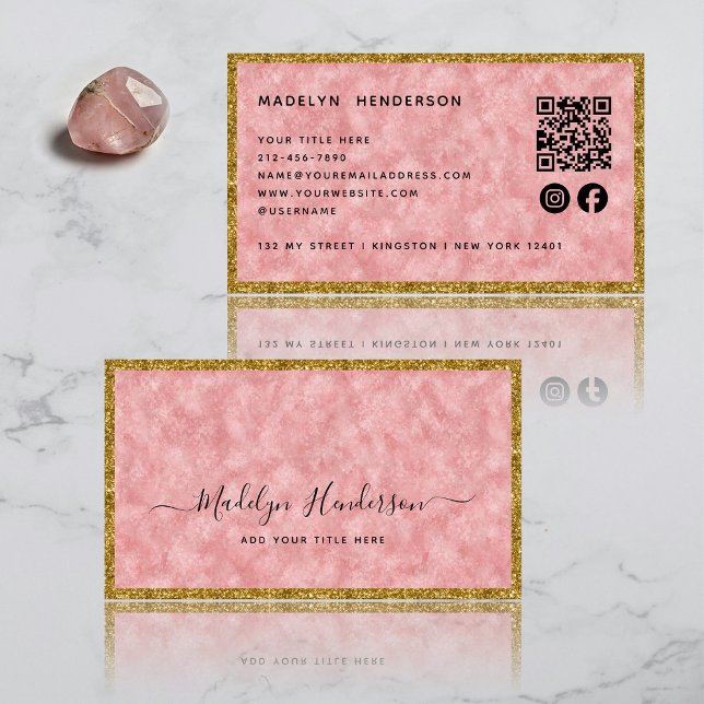 Luxus Rose Quarz Gold Frame QR Code Social Media Visitenkarte (Von Creator hochgeladen)