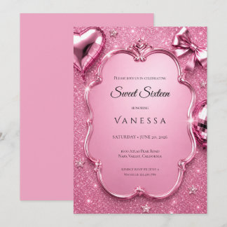 Luxus-Rosé Strass Glitter Sweet 16 Einladung