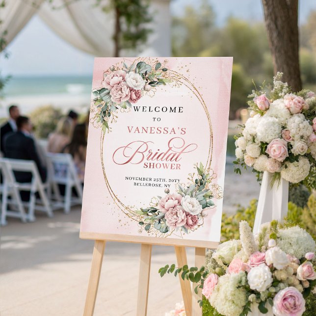 Luxus-Roségold-Blumen-Grünzeug-Brautparty Poster (Luxury Rose Gold Flowers Greenery Bridal Shower Sign)