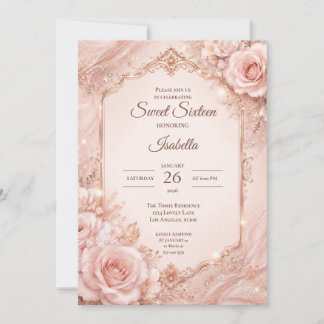 Luxus-Roségold-Blumen-Sweet 16 Einladung