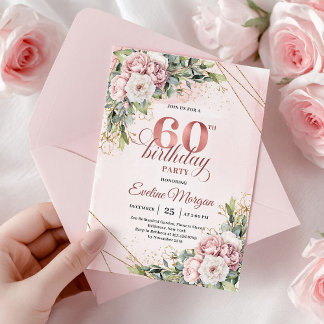 Luxus-Roségold-Rosa-Blumen-60. Geburtstag Einladung