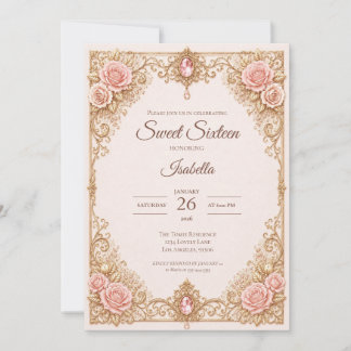 Luxus-Roségold-Spitzen-Schleife Sweet 16 Einladung