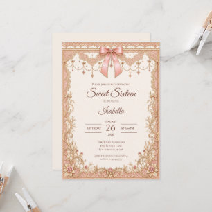 Luxus-Roségold-Spitzen-Schleife Sweet 16 Einladung