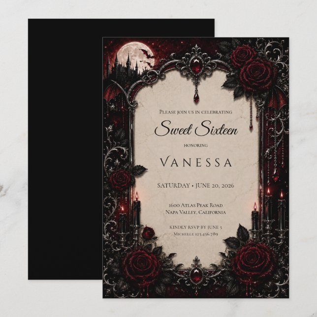 Luxus Rot Dunkle Gothic Sweet 16 Einladung (Vorne/Hinten)