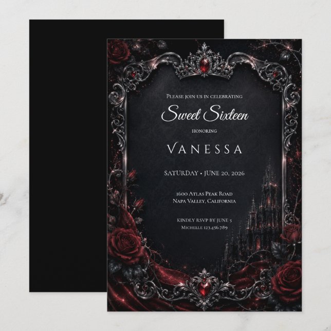 Luxus Rot Dunkle Gothic Sweet 16 Einladung (Vorne/Hinten)
