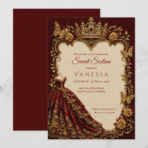 Luxus Rot & Gold Prinzessin Sweet 16 Einladung
