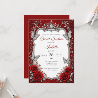 Luxus Rot Silber Prinzessin Sweet 16 Einladung