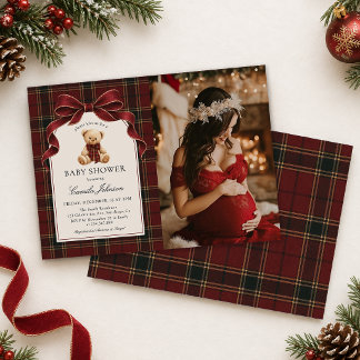 Luxus-Rot-Tartan-Teddybär-Baby-Shower-Foto Einladung