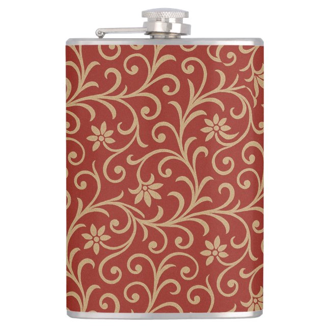 Luxus Rot und Gold Damask Blumenrolle Flachmann (Vorderseite)