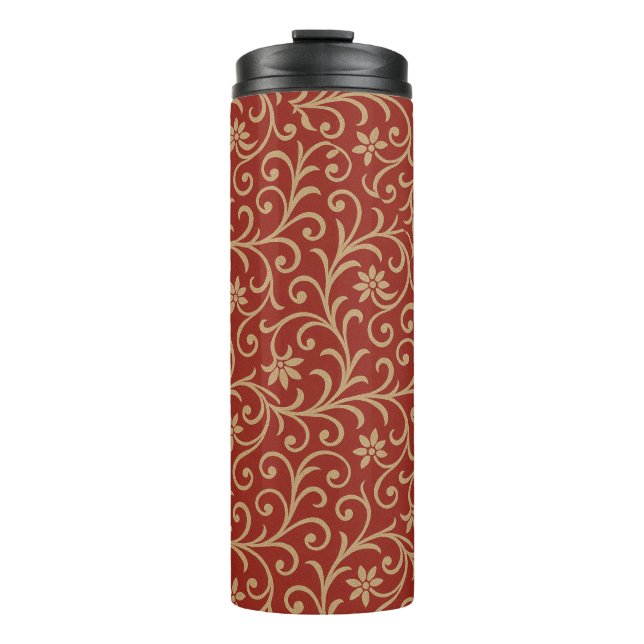 Luxus Rot und Gold Damask Blumenrolle Thermosbecher (Vorderseite)