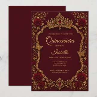 Luxus-Rot- und Gold-Prinzessin-Quinceañera Einladung