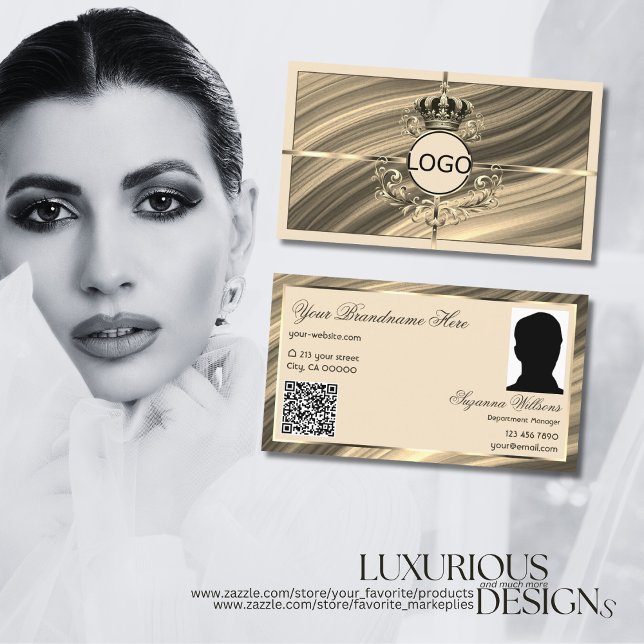 Luxus Royal Beige Gold Crown Logo Foto QR Code Visitenkarte (Von Creator hochgeladen)