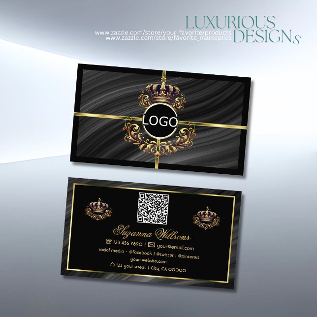 Luxus Royal Black Gold Crown mit Logo QR Code Visitenkarte (Von Creator hochgeladen)