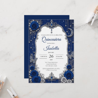 Luxus Royal Blau Silber Quinceañera Einladung