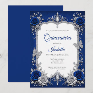 Luxus Royal Blau Silber Quinceañera Einladung
