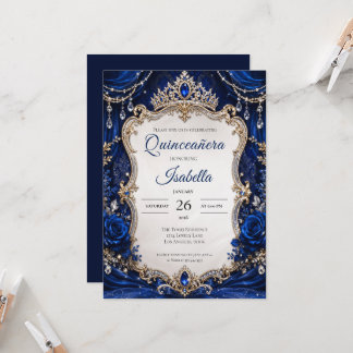 Luxus Royal Blau Silber Quinceañera Einladung
