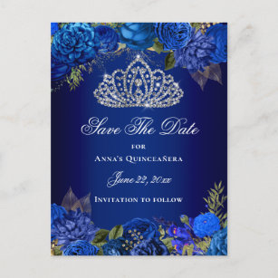 Luxus Royal Blue Floral Quinceanera Save the Date Postkarte