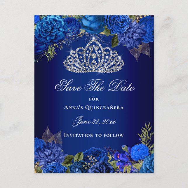 Luxus Royal Blue Floral Quinceanera Save the Date Postkarte (Vorderseite)