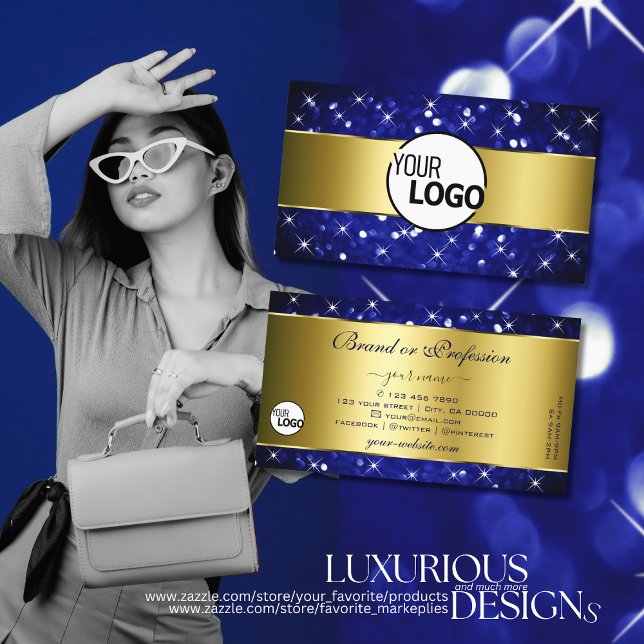 Luxus Royal Blue Glitzer Stars Gold und Logo Visitenkarte (Von Creator hochgeladen)