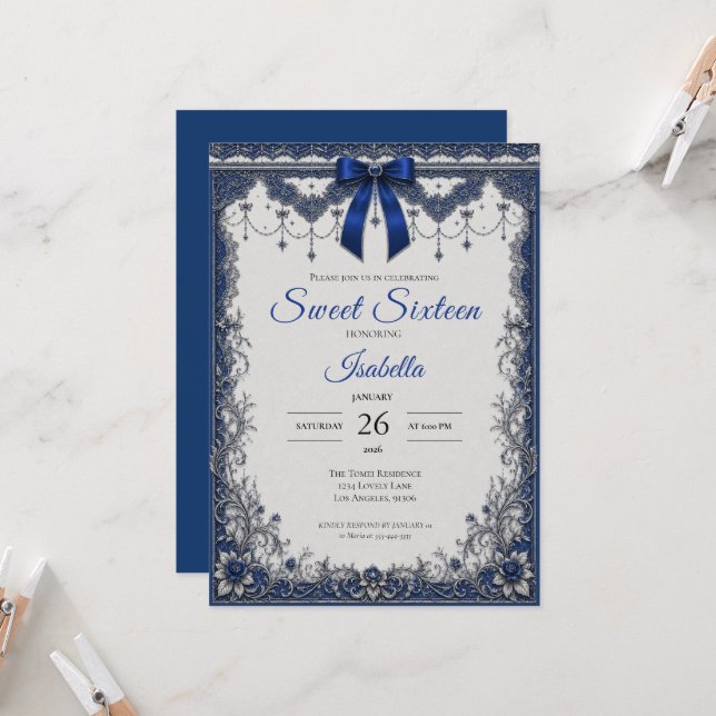 Luxus-Royalblau-Bogen Sweet 16 Einladung (Vorderseite/Rückseite Beispiel)
