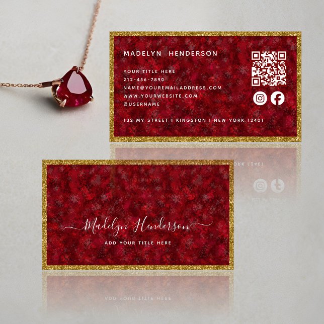 Luxus Ruby Gold Frame QR Code Social Media Icons Visitenkarte (Von Creator hochgeladen)