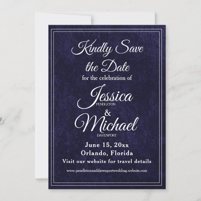 Luxus-Samt-Hochzeit in Navyblau mit Monogramm Save The Date (Vorderseite)