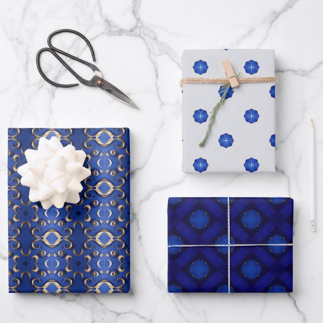 Luxus Sapphire Blue Gold Gemustert Geschenkpapier Set (Vorderseite)