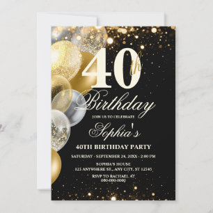 Luxus-Schwarz-Gold-Ballon-Glitter-Geburtstag für j Einladung