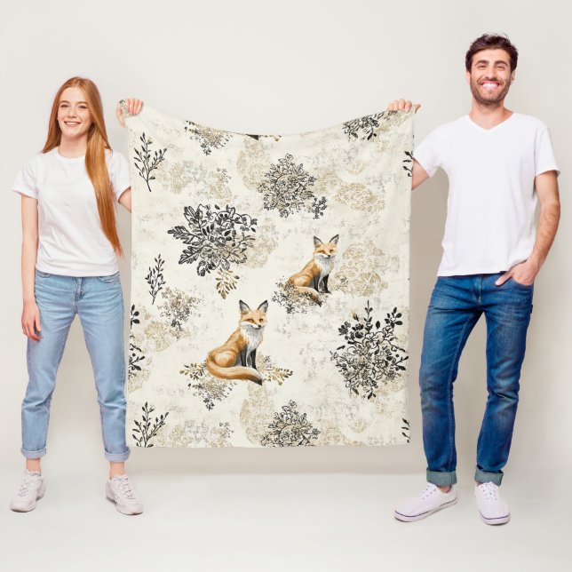 Luxus-Schwarz-Gold-Botanik-Fuchs-Kunst (1) Fleecedecke (Beispiel)