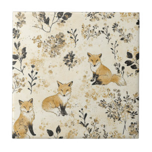 Luxus-Schwarz-Gold-Botanik-Fuchs-Kunst (3) Fliese