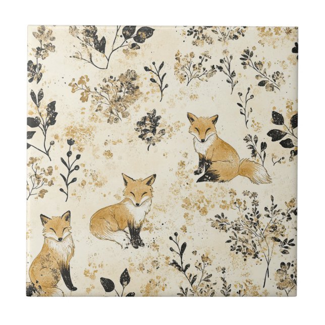 Luxus-Schwarz-Gold-Botanik-Fuchs-Kunst (3) Fliese (Vorderseite)