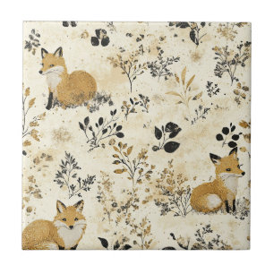 Luxus-Schwarz-Gold-Botanik-Fuchs-Kunst (4) Fliese