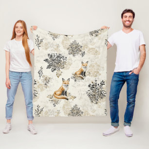 Luxus-Schwarz-Gold-Botanik-Fuchs-Kunst Fleecedecke