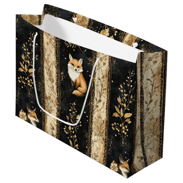 Luxus-Schwarz-Gold-Botanik-Fuchs-Muster (1) Große Geschenktüte (Vorderseite Schrägansicht)
