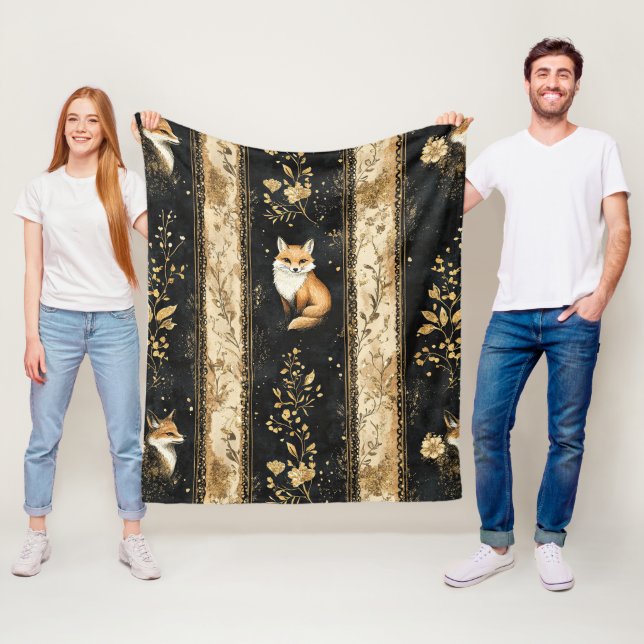 Luxus-Schwarz-Gold-Botanik-Fuchs-Muster Fleecedecke (Beispiel)