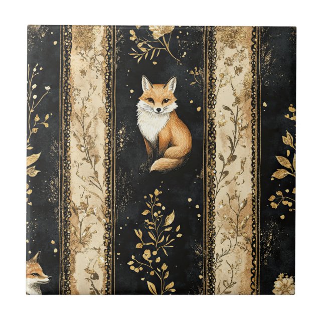 Luxus-Schwarz-Gold-Botanik-Fuchs-Muster Fliese (Vorderseite)