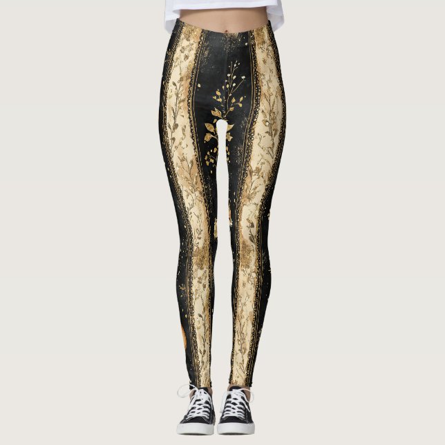 Luxus-Schwarz-Gold-Botanik-Fuchs-Muster Leggings (Vorderseite)