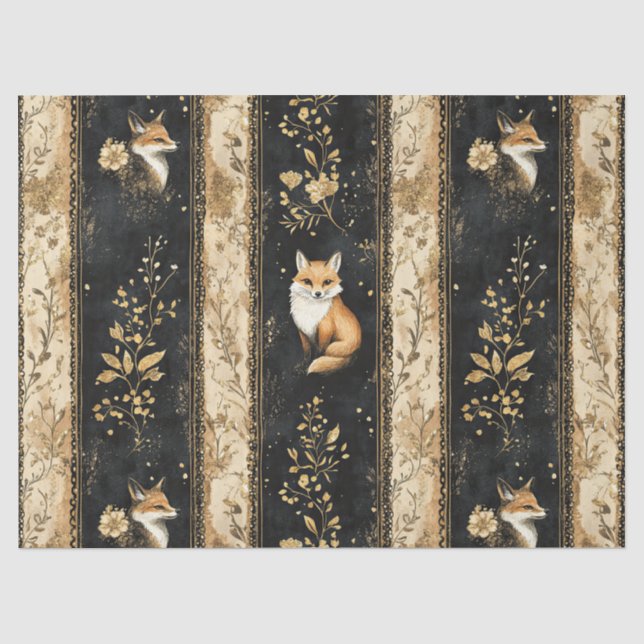 Luxus-Schwarz-Gold-Botanik-Fuchs-Muster Seidenpapier (Vorderseite)
