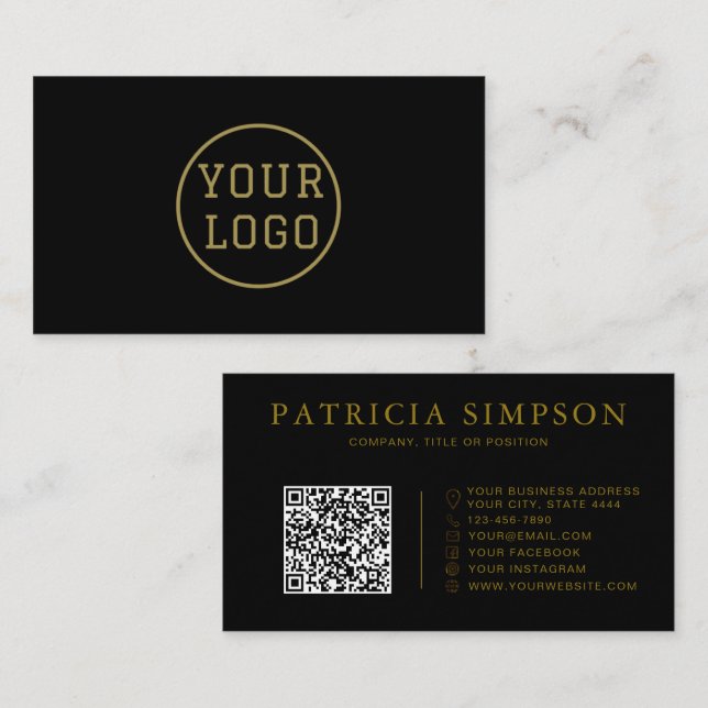 Luxus-Schwarz-Gold-Logo- QR-Code-Elegant Visitenkarte (Vorne/Hinten)