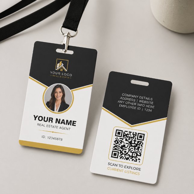 Luxus Schwarz Gold Moderne Immobilien QR-Code ID Ausweis (Luxury Real Estate ID Badge with QR Code | Realtor Branding)